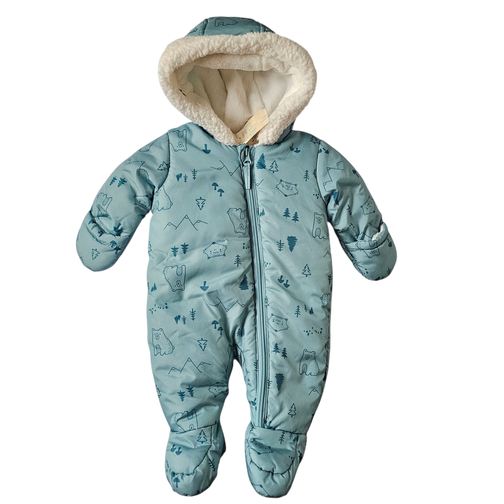 Baby Hooded Puffer One-Piece Snowsuit in Light Teal with Bear Print